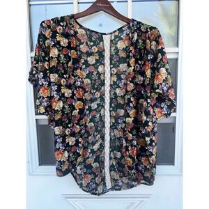 Floral Kimono Cardigan Open Front Crochet Lace Back Panel Multicolor Oversized